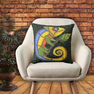 Colorful Fantasty Pop Art Lizard on Green Dots Throw Pillow