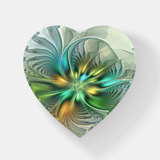 Colorful Fantasy Abstract Flower Fractal Art Heart Paperweight (Front)