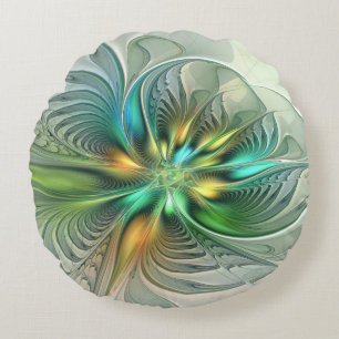 Colorful Fantasy Abstract Flower Fractal Art Round Pillow