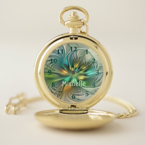 Colorful Fantasy Abstract Flower Fractal Own Name Pocket Watch