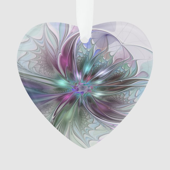 Colorful Fantasy Abstract Fractal Flower Heart Ornament (Front)