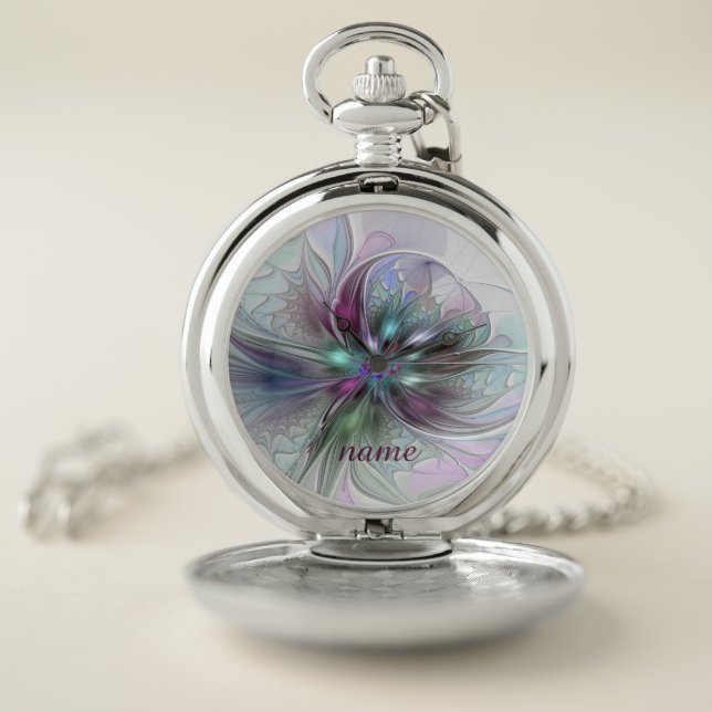 Colorful Fantasy Abstract Modern Art Flower Name Pocket Watch (Inside)
