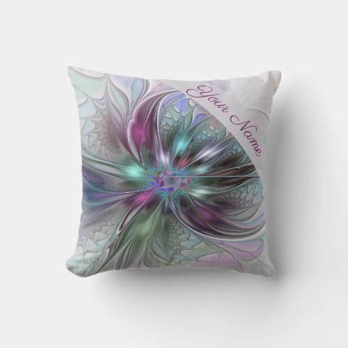 Colorful Fantasy Abstract Modern Art Flower Name Throw Pillow