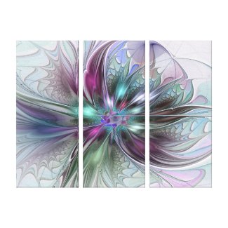 Colorful Fantasy Abstract Modern Flower Triptych Canvas Print