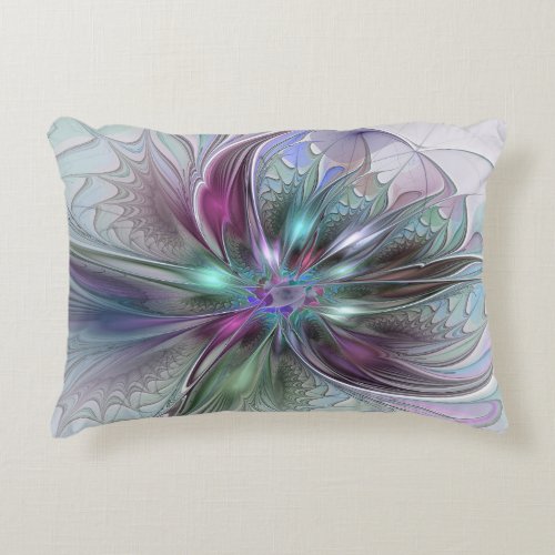 Colorful Fantasy Abstract Modern Fractal Flower Accent Pillow