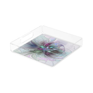 Colorful Fantasy Abstract Modern Fractal Flower Acrylic Tray