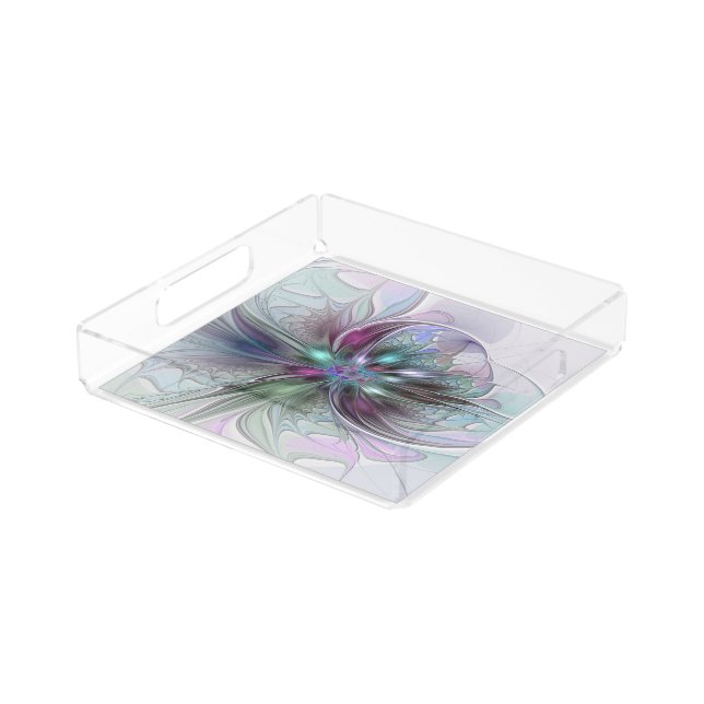 Colorful Fantasy Abstract Modern Fractal Flower Acrylic Tray (Angled)