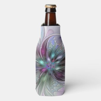 Colorful Fantasy Abstract Modern Fractal Flower Bottle Cooler by GabiwArt at Zazzle
