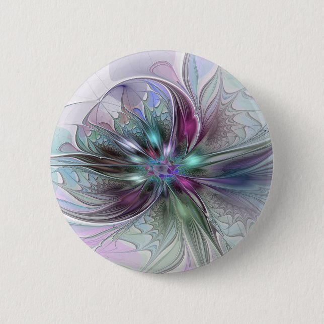 Colorful Fantasy Abstract Modern Fractal Flower Button (Front)