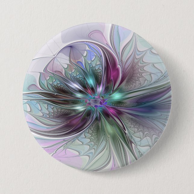 Colorful Fantasy Abstract Modern Fractal Flower Button (Front)