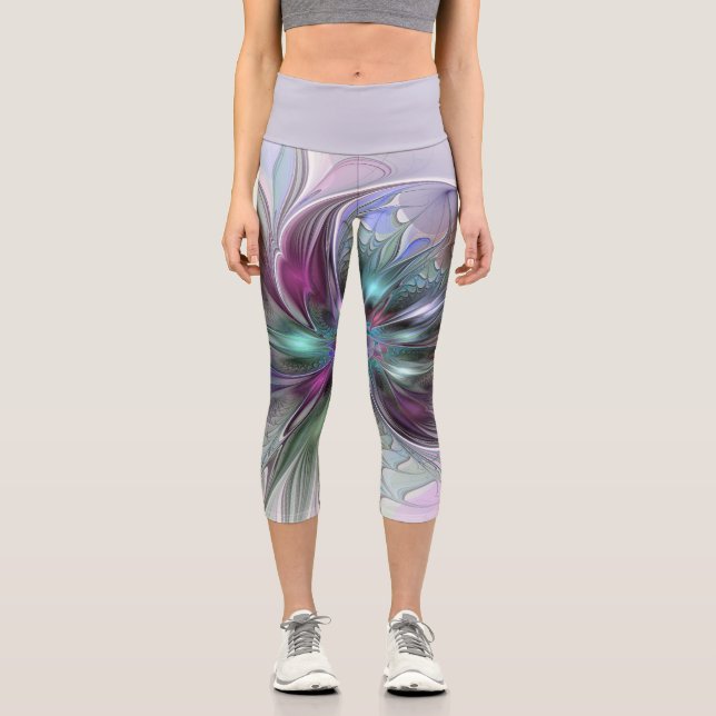 Colorful Fantasy Abstract Modern Fractal Flower Capri Leggings (Front)