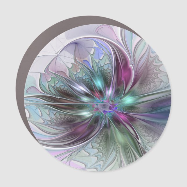 Colorful Fantasy Abstract Modern Fractal Flower Car Magnet (Front)