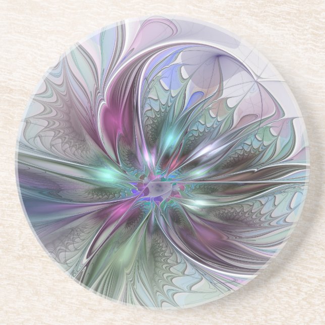 Colorful Fantasy Abstract Modern Fractal Flower Coaster (Front)