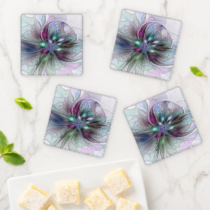 Colorful Fantasy Abstract Modern Fractal Flower Coaster Set