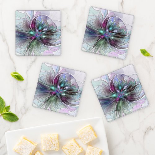 Colorful Fantasy Abstract Modern Fractal Flower Coaster Set