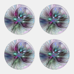 Colorful Fantasy Abstract Modern Fractal Flower Coaster Set