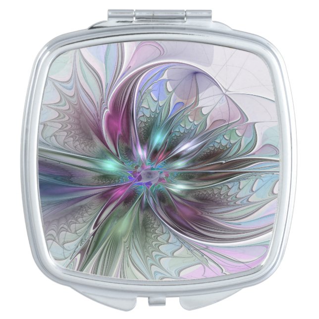 Colorful Fantasy Abstract Modern Fractal Flower Compact Mirror (Front)