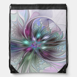 Colorful Fantasy Abstract Modern Fractal Flower Drawstring Bag