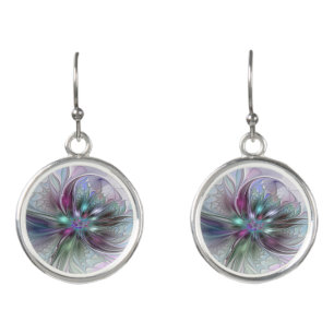 Colorful Fantasy Abstract Modern Fractal Flower Earrings
