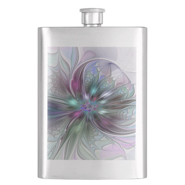 Colorful Fantasy Abstract Modern Fractal Flower Flask (Front)