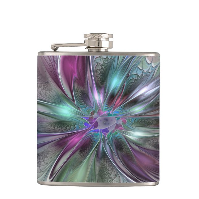 Colorful Fantasy Abstract Modern Fractal Flower Flask (Front)