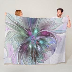 Colorful Fantasy Abstract Modern Fractal Flower Fleece Blanket