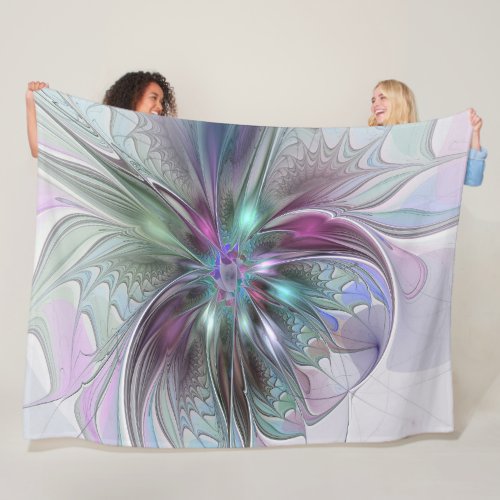 Colorful Fantasy Abstract Modern Fractal Flower Fleece Blanket