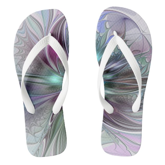 Colorful Fantasy Abstract Modern Fractal Flower Flip Flops (Footbed)