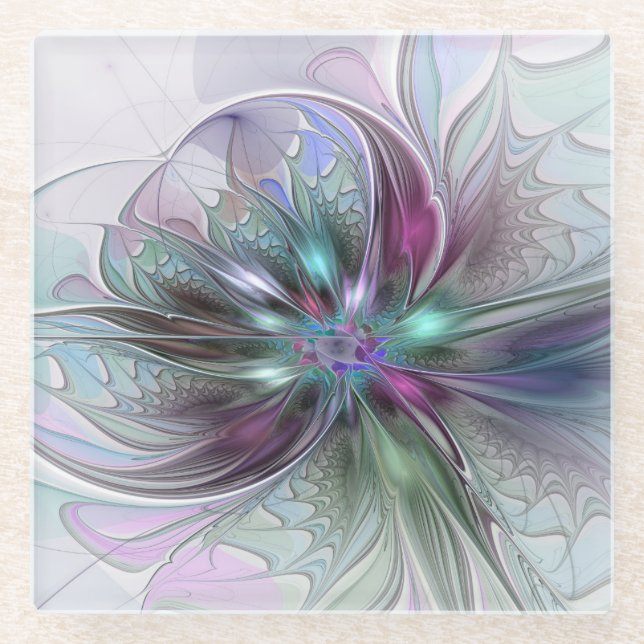 Colorful Fantasy Abstract Modern Fractal Flower Glass Coaster (Front)