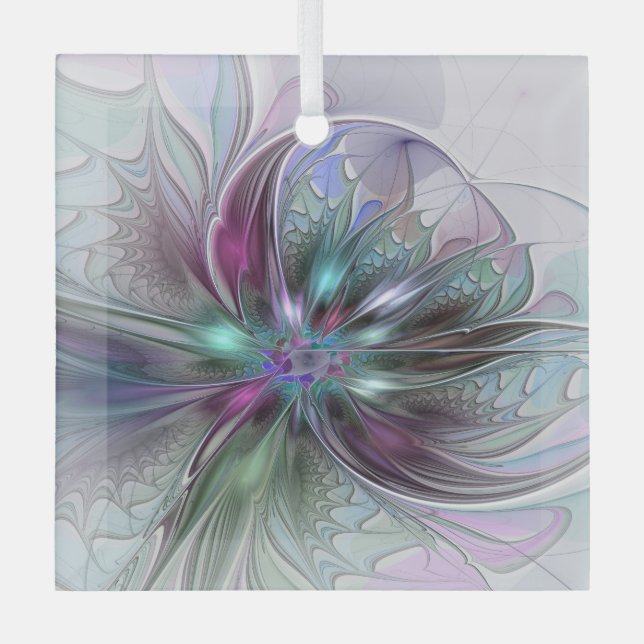 Colorful Fantasy Abstract Modern Fractal Flower Glass Ornament (Front)