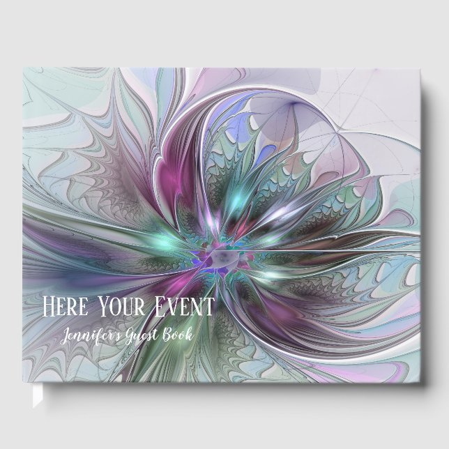 Colorful Fantasy Abstract Modern Fractal Flower Guest Book (Front)