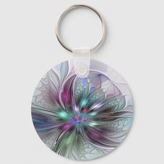 Colorful Fantasy Abstract Modern Fractal Flower Keychain (Front)