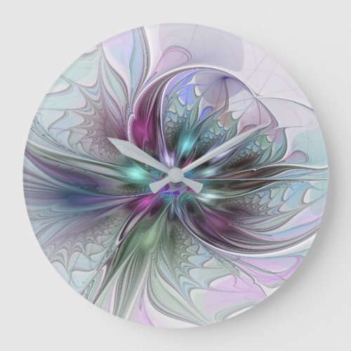 Colorful Fantasy Abstract Modern Fractal Flower Large Clock
