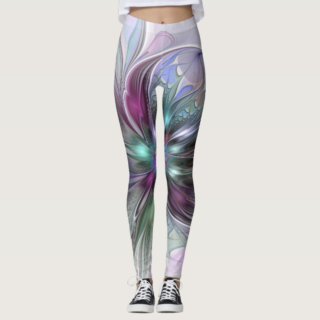 Colorful Fantasy Abstract Modern Fractal Flower Leggings (Front)