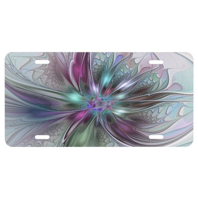 Colorful Fantasy Abstract Modern Fractal Flower License Plate (Front)