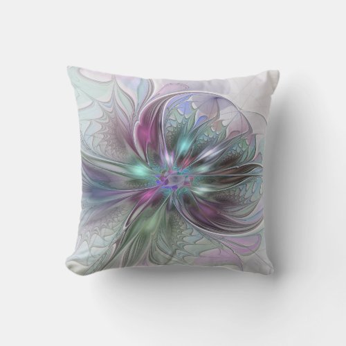 Colorful Fantasy Abstract Modern Fractal Flower Outdoor Pillow
