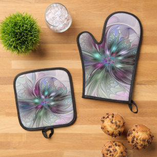 Colorful Fantasy Abstract Modern Fractal Flower Oven Mitt & Pot Holder Set