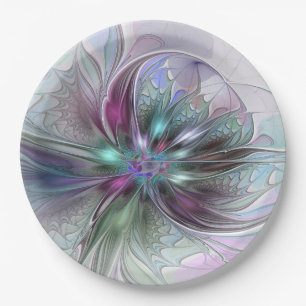 Colorful Fantasy Abstract Modern Fractal Flower Paper Plates