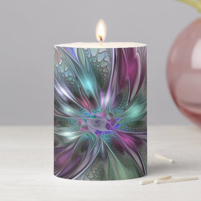 Colorful Fantasy Abstract Modern Fractal Flower Pillar Candle (In Situ)