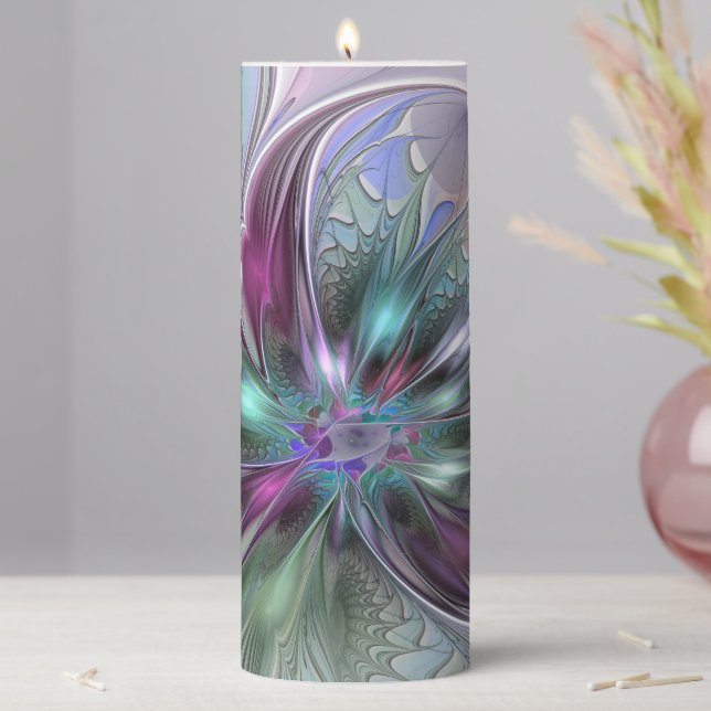 Colorful Fantasy Abstract Modern Fractal Flower Pillar Candle (In Situ)