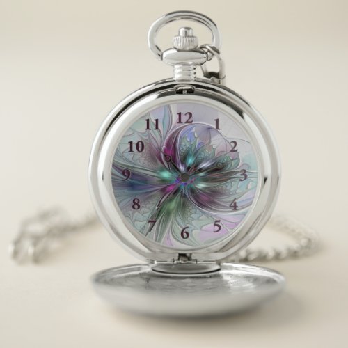 Colorful Fantasy Abstract Modern Fractal Flower Pocket Watch