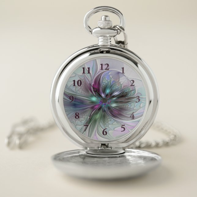 Colorful Fantasy Abstract Modern Fractal Flower Pocket Watch (Inside)
