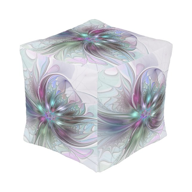 Colorful Fantasy Abstract Modern Fractal Flower Pouf (Angled Front)
