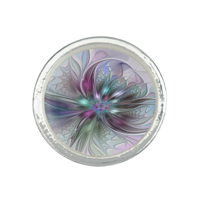 Colorful Fantasy Abstract Modern Fractal Flower Ring (Front)