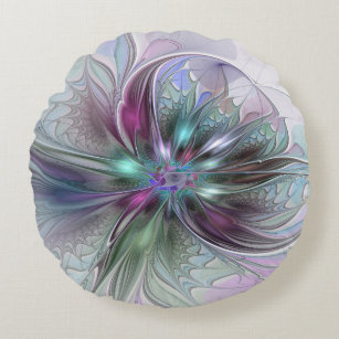 Colorful Fantasy Abstract Modern Fractal Flower Round Pillow