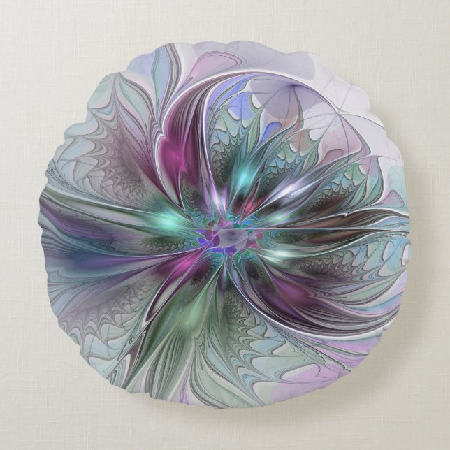 Colorful Fantasy Abstract Modern Fractal Flower Round Pillow (Front)