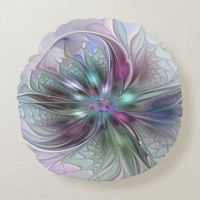 Colorful Fantasy Abstract Modern Fractal Flower Round Pillow (Front)
