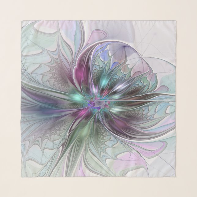 Colorful Fantasy Abstract Modern Fractal Flower Scarf (Front)