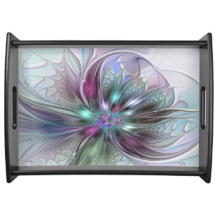 Colorful Fantasy Abstract Modern Fractal Flower Serving Tray