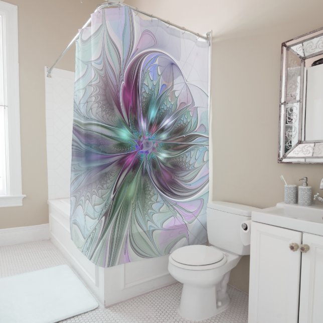 Colorful Fantasy Abstract Modern Fractal Flower Shower Curtain (In Situ)